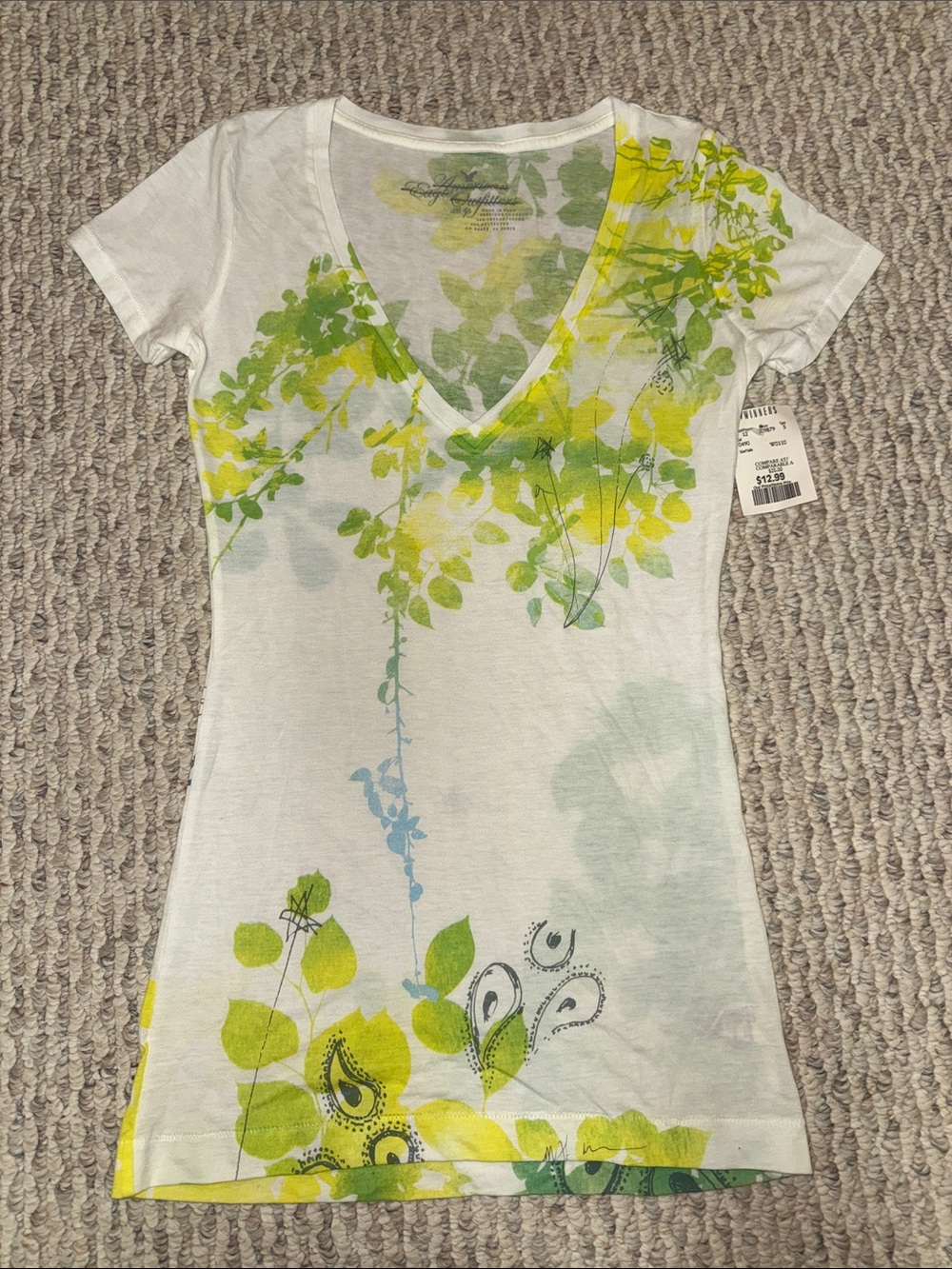 American Eagle Outfitters White V-Neck Tee with Green and Yellow Floral Print